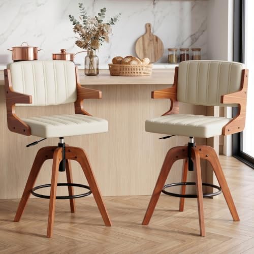 Image of Adjustable Counter Stools Set of 2, Swivel Kitchen Island stools | Set of 2 Mid Century Counter Height Stools, Swivel Barstools with Arm, Faux Leather Upholstered Bar Chair with Back