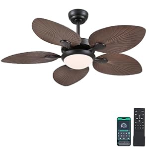 Tropical Ceiling Fans with Lights 44 Inch Indoor Outdoor Palm Leaf Ceiling Fan for Patios Porch Bedroom RemoteAPP Control Dimmable 6 Speeds Reversible Brown