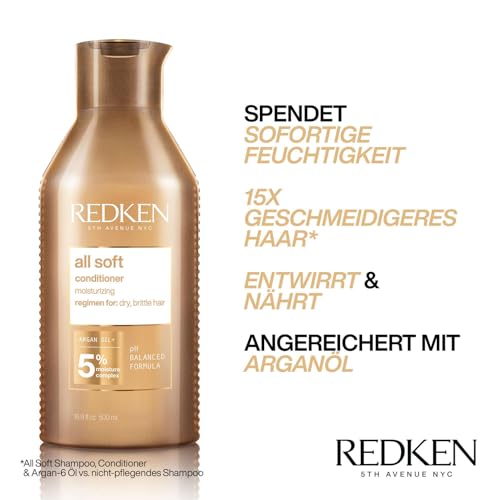 Redken Spülung für trockenes und brüchiges Haar, Belebt und hydratisiert, Mit Fettsäuren, Antioxidantien und Argan-Öl, All Soft Conditioner, 500 ml