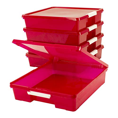 Storex Classroom Craft Project Box – Stacking Plastic Organizer Fits 12x12 Scrapbooking Paper, Red, 5-Pack (63204U05C)