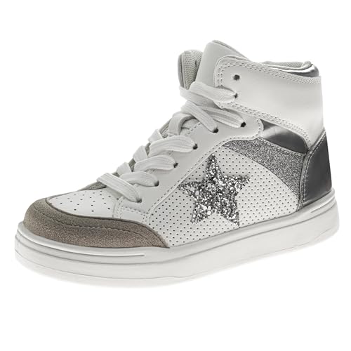 KENSIE GIRL Glittery High Top Sneakers for Kids - Starry Star Sneaker Lace Up Shoes Casual Footwear - White Silver (Size 4 Big Kid)