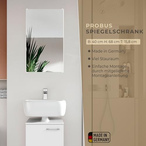 Probus Basic Spiegelschrank 40cm in Weiß – Modernes, Zeitloses Design für optimale Badezimmerorganisation, Türanschlag frei wählbar, Made in Germany