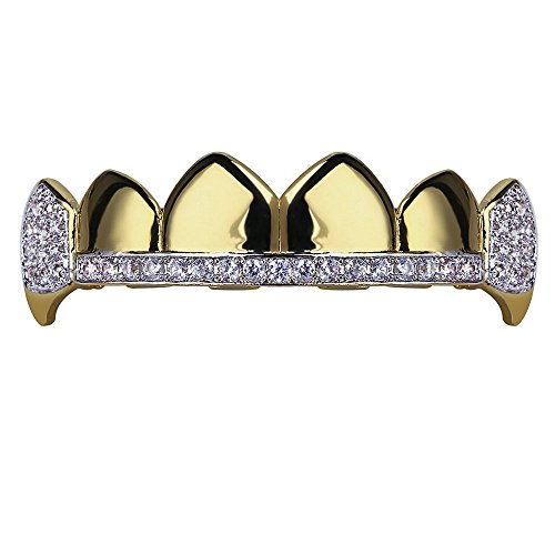 TOPGRILLZ Gold Hip Hop Teeth Iced Out Grillz Top Vampire Fangs Teeth Grills Set Holleween Gift Men Women (Gold Top)