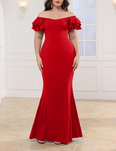 Image of Ekaliy Women's Plus Size Maxi Dress Elegant V-Neck Ruffle Sleeves Bodycon Mermaid Evening Gown