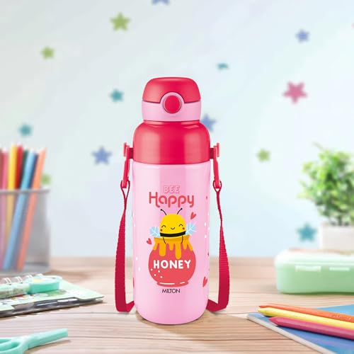 Image of Milton Steel Indus 600 Thermoware PU Insulated, 500 ml Water Bottle with Straw for Kids, Leak Proof Flip Top Sipper Lid Bottle, School, Picnic, Easy to Carry Belt, Pink