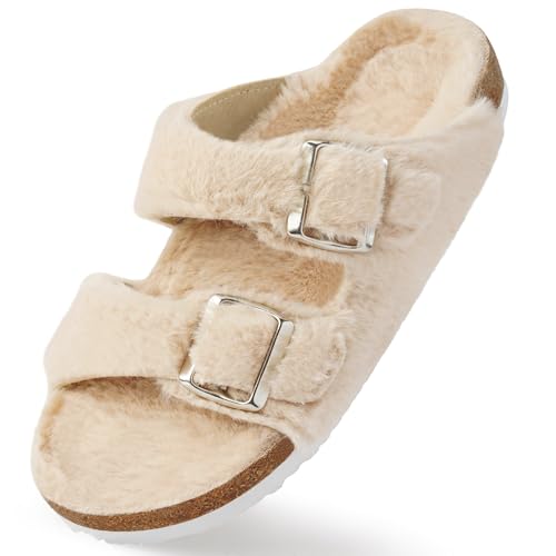 Harvest Land Pantoletten Damen Plüsch Gefüttert Fell Latschen Wildleder Flauschige Hausschuhe Kork-Fußbett Open Toe Flat Slipper Outdoor Indoor Apricot 38