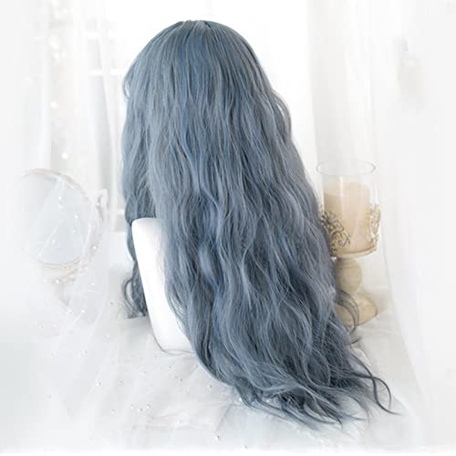 LUTW Blue Mix Wigs Gris Girl Soft Girl Cosplay Harajuku Style Gris Blue Wavy Ombre Ombre Haute température Fibre Fibre Coiffure Curly-Only Wig Cover