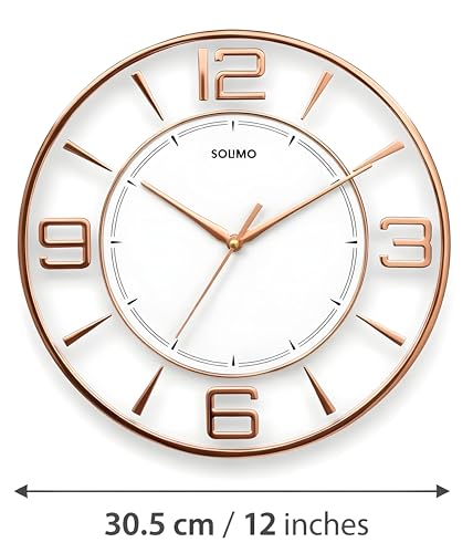 Image of Amazon Brand - Solimo 12 Inches Silent Wall Clock for Living Room Bedroom Office Wooden Look Plastic 3D Easy to Read Numbers Modern Stylish Sweep Movement Wall Clock for Home - 1611TS (White Copper)