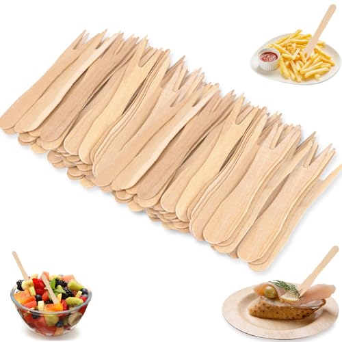 Pack of 300 Chip Forks, 85 mm Wooden Chip Picks, Small Forks, Wooden Skewers, Finger Food, French Fries Forks, Party Tableware, Wooden Knife, French Fries Fork, for Party, Birthday, Camping