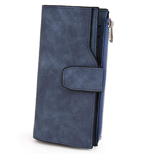 UTO RFID Wallet for Women PU Matte Leather Card Holder Organizer Zipper Coin Purse with Snap Closure Blue