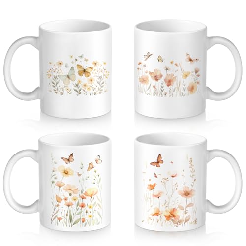 Potchen 4 Pack 12 oz Coffee Mug Book Lover Coffee Mugs Dishwasher Microwave Safe Porcelain Bookworm Cups Bookish Gifts for Man Women(Floral Style) by Potchen - Used condition - US$7.12
