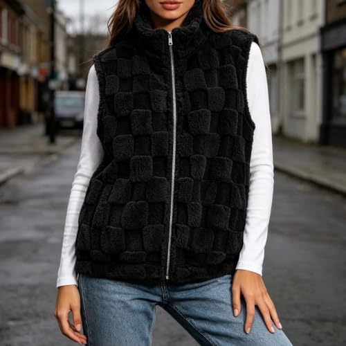 Womens Sherpa Fleece Vest Textured Zip Front Pockets Casual Fall Layering - image 3