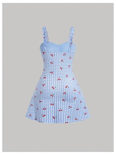 Girl's Plaid Cherry Cami Dress Gingham Bowknot Sweetheart Neck Flowy A Line Short Dresses4