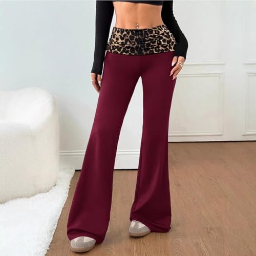 Pantalon évasé pour femme léopard taille basse à jambe large en coton