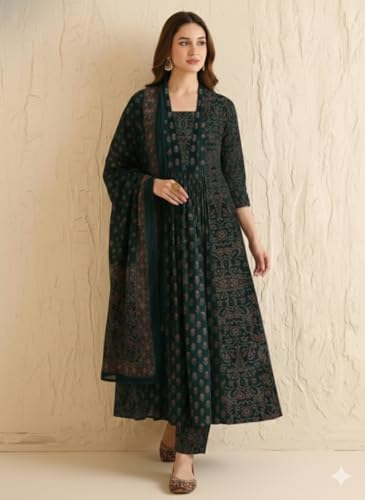 Image of ANNI Designer Women's Viscose Printed A-Line Kurta Set with Pant and Dupatta | Ethnic Wear Dress | V-Neck | 3 /4 Sleeve Indian Traditional Outfit for Women