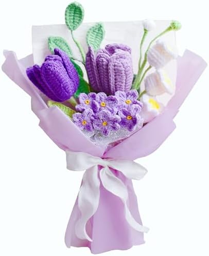 Buquê de flores de crochê de tulipas, flores tricotadas completas...