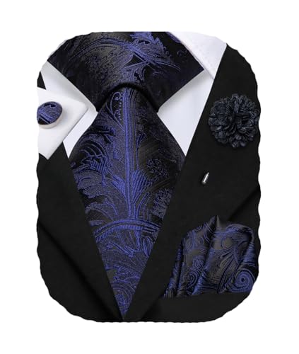 Image of Hi-Tie Men's Silk Ties Formal Woven Classic Necktie Pocket Square Cufflinks Lapel Pin Set Wedding Business