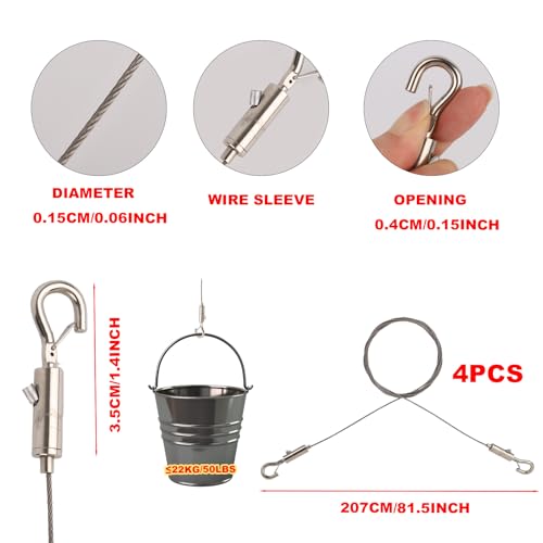 Image of Adjustable Picture Hanging Wire Kit, Supports up to 50lbs Include 4pcs Picture Hanging Wire Hanger Hardware & 8 D Rings & 16 Screws, for Art Pictures Mirrors Billboards Frame Canvas