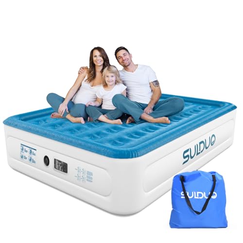 SULDUO Luxury Air Mattress Queen with Built in Pump, 18'' High Double Blow Up Mattress, Self Inflating Air Bed with Flocked Top and Carry Bag, Durable Portable Airbed for Home Guest and Camping, Blue