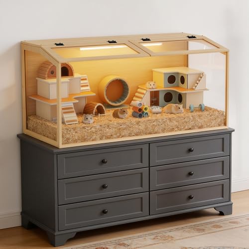 BingoPaw Cage Hamster en Bois, Habitats pour Rongeur Souris avec Fenêtre en Verre Trempé et Trous de Ventilation pour Gerbilles et Cochon d'Inde (100x50x50cm)