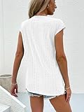 BYIPY Women's Eyelet Embroidery Cap Sleeve T-Shirts Tops Summer Pleated Crewneck T Shirt Basic Dressy Casual Blouses XXL White