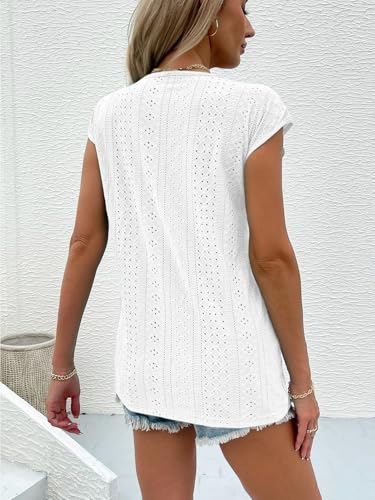 BYIPY Women's Eyelet Embroidery Cap Sleeve T-Shirts Tops Summer Pleated Crewneck T Shirt Basic Dressy Casual Blouses XXL White