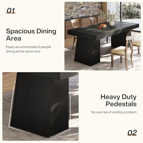 Tribesigns Black Dining Table for 4-6 People, 55-Inch Farmhouse Rectangular Kitchen Dinner Table with Double Pedestal, Wood Dining Room Furniture for Home, Dining Room, Small Space - Image 8