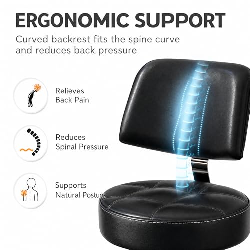 Image of Lockable Rolling Stool with Back Support and Foot Ring, Ergonomic Hydraulic Adjustable Stool, Thick Cushioned Seat with Wheels for Home Office, Small Workspace, Drafting Desk