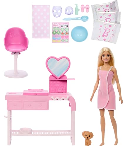 Image of Barbie Face Mask Toy Playset with Doll & 10+ Accessories Including 3 Powder Packs to Make Dough Masks, Spa Furniture, Pet Puppy, Sticker Sheet, & More