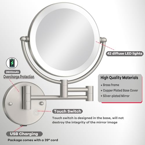 Espejo de maquillaje de pared redondo iluminado recargable 8 pulg miniatura 4