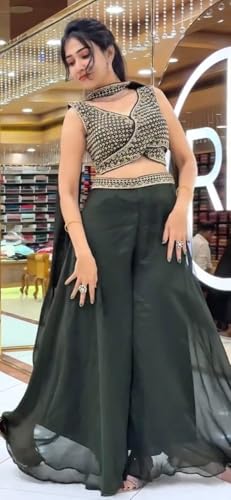 Image of Women Palazzo Blouse Dupatta Set for Women,Fully Stitched Teby Silk Palazzo with BanglorySilk Blouse & Teby Silk Dupatta | Multicolour Embroidery & Sequin Work