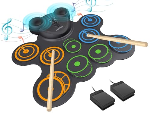 MARVTOWN 10 Pads Electronic Drum Sets, Drum Practice Pad with Headphone Jack, Built-in 2 Speaker Foot Pedals and Drumsticks, Kids Drum Set Compatible with MIDI Output, Christmas gifts for kids