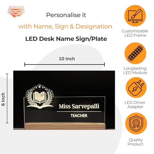 Image of Personalized Acrylic Desk Name Lamp for Teacher's Day | Custom Sign for Best Teacher Ever LED Light with Name, Designation & School Logo | Principal, Professor, Lecturer, Tutor, Mentor Appriciation Gift | Best for Birthday, Promotion, Farewell, Retirement (10 x 6 inch) (For Teacher)
