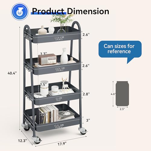 Image of OLIXIS Metal 4 Tiers Utility Rolling Cart, Mobile Storage Shelf with Lockable Caster Wheels, Organization for Livingroom, Bathroom & Narrow Places, 4-Tier Gray