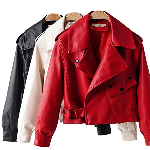 Straw Spring Fashion Retro Lapel Long Sleeve Short Pu Leather Washed Solid Color Leather Jacket (Color : A, Size : Medium) #TOP2