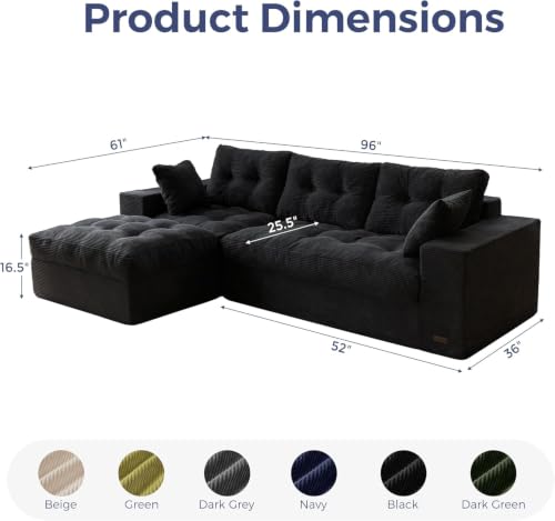 Image of MAXYOYO Boneless Couch, 104-Inch L-Shaped Cloud Couch with Ottoman | Black Upholstered Sofa Features Layered Cushions and Flexible Modules with No Assembly, Ideal for Modern Living Rooms.