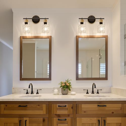 Image of MOKATNG Bathroom Light Fixtures, 2-Light Coastal Vanity Lights with Crystal Glass Shade, Brown and Gold Bathroom Wall Lamp for Mirror Kitchen Hallway Cabinet