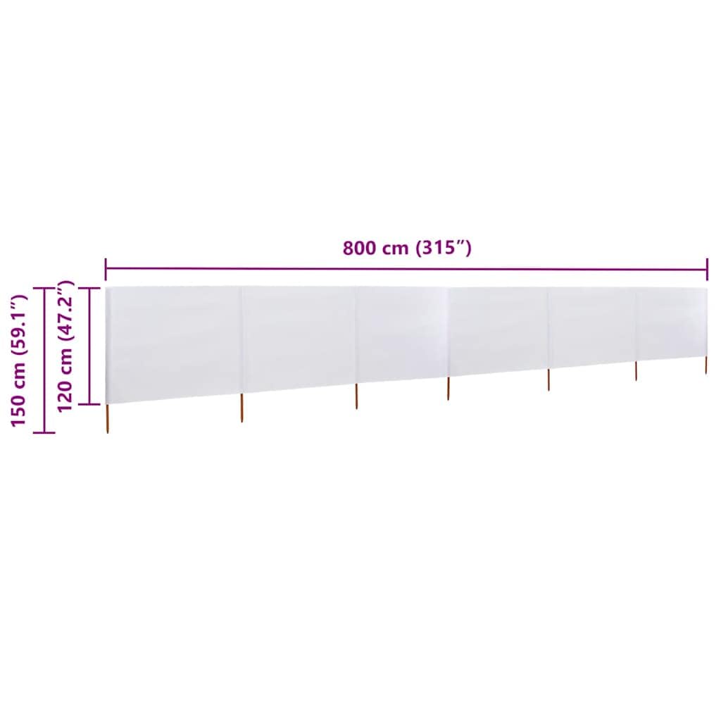 Paravento da spiaggia a 6 pannelli, tessuto bianco sabbia, 800 x 120 cm, antivento per campeggio, paravento spiaggia per spiaggia e giardino