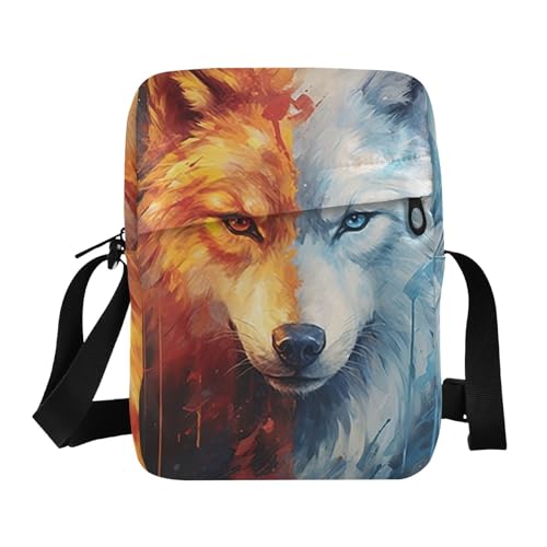 Crossbody Bag Fire Flame Wolf Animal Messenger Bag for Women Men Purse Shoulder Bag Satchel Bag with Adjustable Strap 214A7161