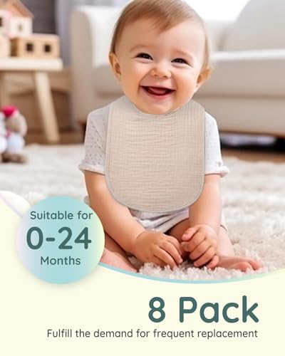 Lilian&Gema Muslin Baby Bibs 8 Pack Baby Drool Bibs for Boys Girls,Adjustable Unisex Soft Cotton Bibs for Teething Drooling Newborn Green - Thumbnail 2
