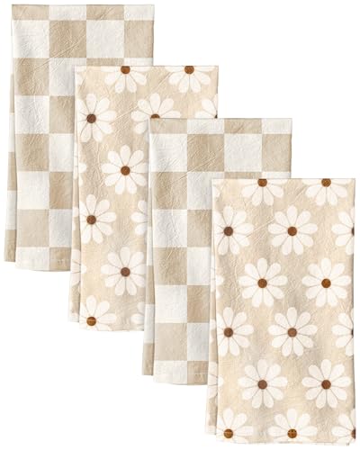 Image of Miss Adola 4pcs Flour Sack Kitchen Towels - 16x26 Inch Cotton Dish Towels Set of 4 with Hanging Loop Reusable Geometric Boho Modern Retro Tea Towel Absorbent Dishcloths Home Decor, Beige Plaid Daisy