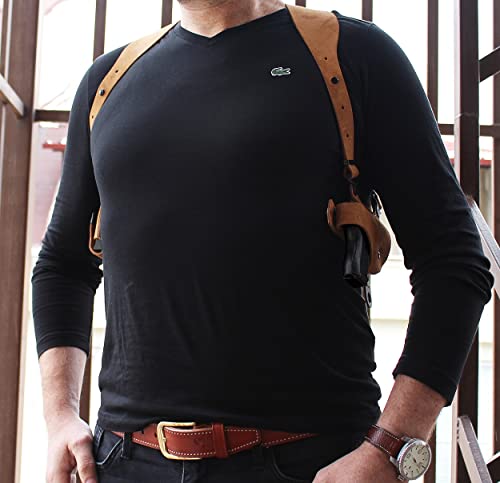 Premium Suede Leather Shoulder Holster With Single Magazine Carrier Fits Standard Without Rail Glockk 43X Subcompact 9Mm 3.41", Right Hand Draw Natural Color #1491# #TOP2