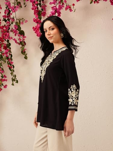 Image of QAZMI Women's Jasmine Kashimiri Aari Embroidered Viscose Rayon A-Line Flared Short Kurti