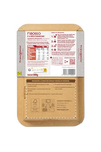 Mediterranes Risotto Trevijano: 6 Schalen à 280 g. Ohne Zusatzstoffe oder Konservierungsmittel, nur getrocknete pflanzliche Zutaten: Reis, Tomate, Zucchini, Knoblauch, Oliven, Zwiebel, Oregano.