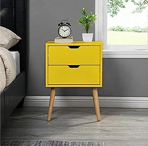 Image of Storage Nightstand Mid-Century Modern Bedside Table with Solid Wood 4 Legs Minimalist and Practical End Side Table- 2 Drawer-Yellow
