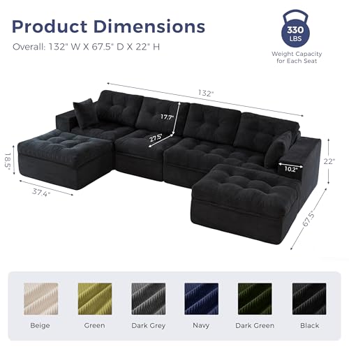 Image of MAXYOYO 132 inch U Shaped Modular Sectional Sofa with 2 Ottomans, Cloud Boneless Couch with Layered Cushion, Flexible Module Combination Sofa for Living Room, No Assembly Required, Black