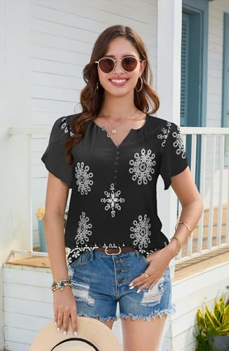 GUNEST Womens Short Sleeve Blouses Casual V Neck Boho Shirts Trendy Loose Fit Button Tunic Tops Black XL — view 4
