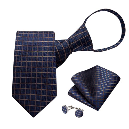 Image of DiBanGu Silk Zipper Ties for Men,Paisley Solid Plaid Pre-tied Tie and Pocket Square Cufflinks Set Formal Adjustable Necktie