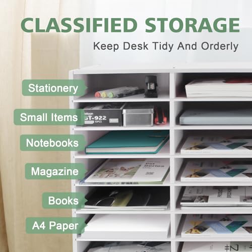 SONGWAY Desk Paper Storage Organizer - Literature Organizer, 24 Compartments Classroom Mailbox with Adjustable Shelves, Desktop File Sorter, Paper and Mail Organizer for Home Office School, White