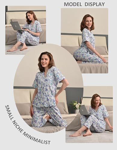 Image of NAP BOUND 100% Cotton Women's Pajama Sets Short Sleeve Button Down Soft Pjs 2 Piece Lounge Set with Pocket Nightwear XS-XXL